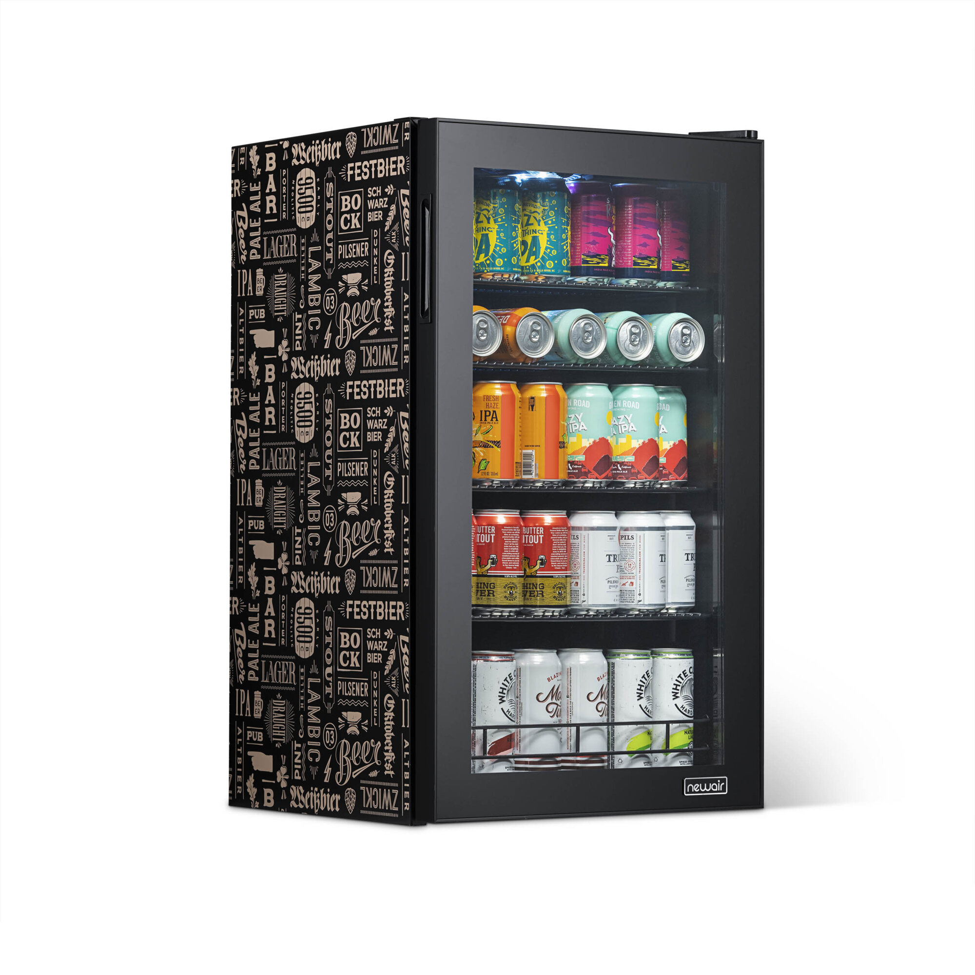 Newair “Beers of the World” Custom Designed Fridge, Can Capacity 126, Height 32.5 in, Width 18.8 in, Model# AB-1200BC1